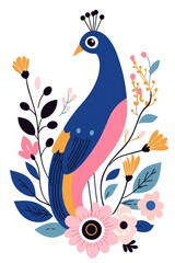 Obraz premium Colorful Peacock Illustration with Floral Elements: Vibrant Modern Art Design