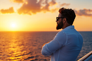 Fototapeta premium handsome man enjoying sunset on luxury cruise ship, gazing at horizon with relaxed expression. warm colors of sunset reflect on ocean