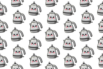 Seamless pattern with kawaii cute electric kettle. Vector illustration of pot, teapot isolated on white background. Kawaii style illustration for kids, stickers