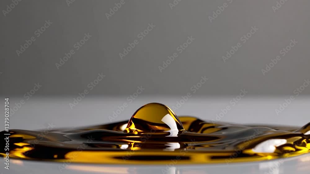 Poster viscous golden liquid droplet descending and merging with identical pool, generating distinctive cro