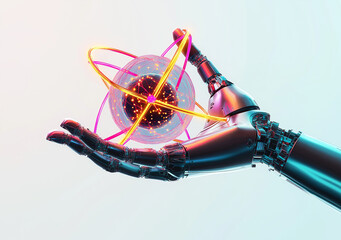  Robotic Hand Holding Glowing Atom  Futuristic Technology Concept  Neon Lines Connecting to Screen  White Background for Design Elements  Web Banner with Copy Space on Right Side