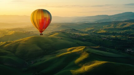 Obraz premium A colorful hot air balloon floats over green rolling hills