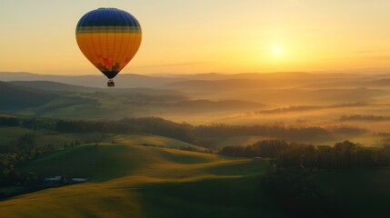 Fototapeta premium An airborne hot air balloon floats over a sunlit landscape during sunrise