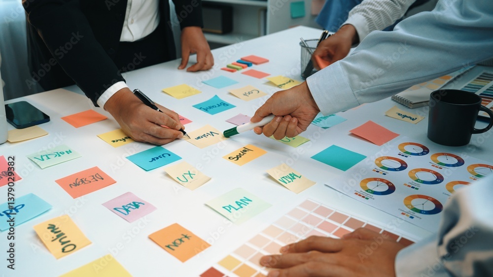 Poster a dynamic team engages in a brainstorming session, utilizing colorful sticky notes and charts on a m