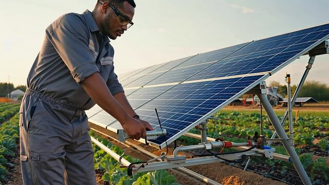 Man in work clothes setting up a solar panel on a vegetable patch