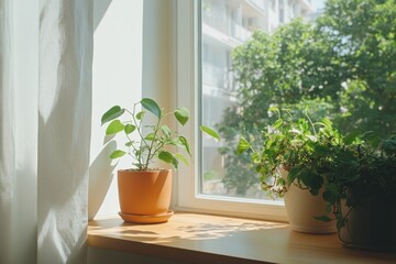 Fototapeta premium Indoor plants basking in sunlight by a window with greenery outside in a bright, serene environment