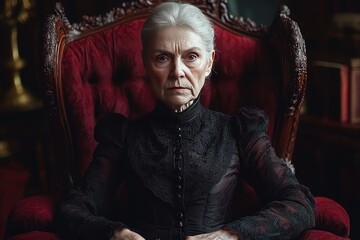Obraz premium Elderly Woman in Vintage Black Dress Sitting on Ornate Red Chair