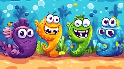 Obraz premium Playful Cartoon Sea Creatures Frolic Underwater