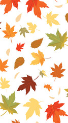 Fototapeta premium Colorful autumn leaves pattern with orange, yellow, and green foliage on white background