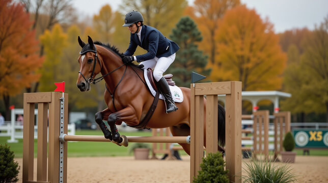 Professional Jockey Clearing Wooden Fence Obstacle - Chestnut Horse in Mid-Air Jump for Steeplechase Competitions, Grand National Racing Events, and Equestrian Sports Coverage