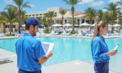 Resort Staff with Checklist at Swimming Pool – Maintenance Inspector Reviewing Documentation for International Travel Checklist and Vacation Paperwork