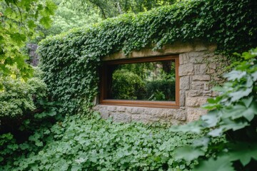 Nature envelops a rustic stone wall with an open window framed by lush greenery in a tranquil setting