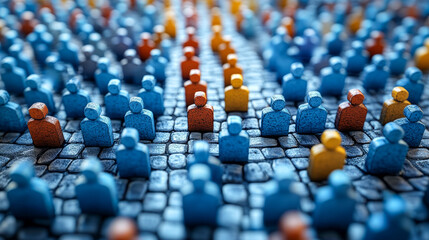 Fototapeta premium Colorful crowd of miniature figures illustrating diversity on pavement 
