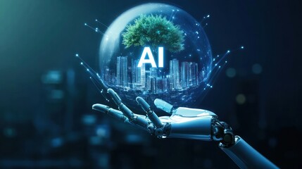 Obraz premium Robotic hand holds AI sphere with city and tree, futuristic concept