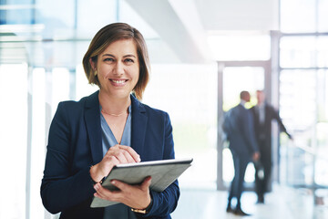 Business woman, portrait and tablet for communication, reading email and networking in office....