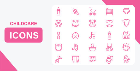 Childcare icons baby care icons newborn icons parenting icons kids icons toddler icons vector line art set