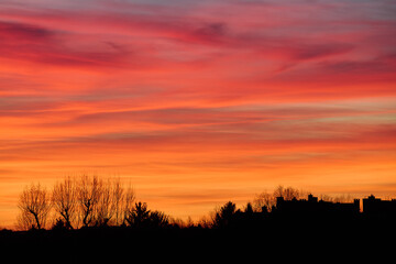 Stunning sunset showcases vibrant orange, pink, and purple hues. Silhouetted trees and buildings create captivating contrast against colorful sky. Low-angle perspective enhances scenes beauty