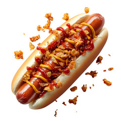 Hot Dog Topped with Mustard Ketchup and Crispy Onion Isolated on Transparent Background