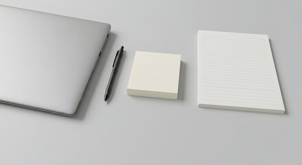 Simple flat lay of business desk with laptop, pen, and notepad