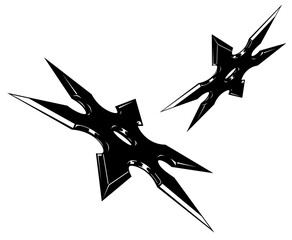 Illustration of black and white throwing stars. Hira shuriken. Stars for ninjas. A Japanese throwing weapon of concealed carry in ancient Japan.  © Andrew L