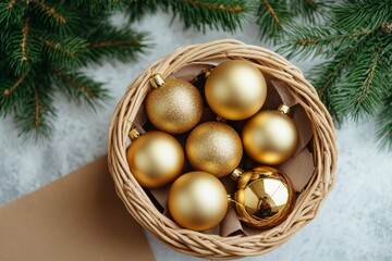 Golden Ornaments in a Woven Basket Surrounded by Pine Branches for Festive Decor