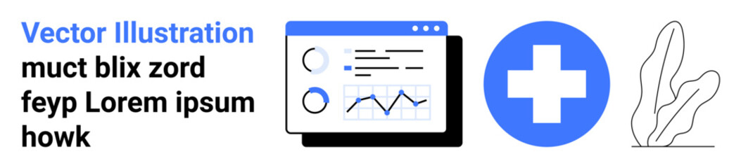 Obraz premium Web interface with graphs and charts, blue cross for healthcare, and sketched plant element. Ideal for analytics, healthcare, web design, branding, education, technology simple landing page