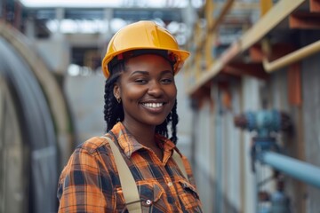Portrait of a smiling young black female engineer at hydroelectric plant