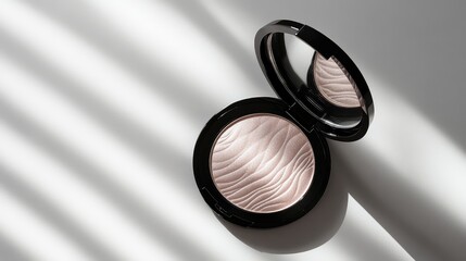 An elegant highlighter compact with a mirror, opened on a white background with branding space