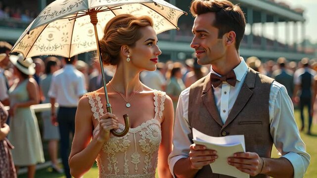 Elegant couple dressed in vintage attire at horse racing event, woman with parasol looking at man with race program, evoking sophistication, romance and tradition, 4K, motion