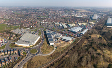 Aerial panoramic skyline view Castleford and Glasshoughton in West Yorkshire, UK