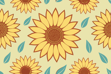 Vibrant Sunflower Pattern Summer Blooms, Yellow Petals, Green Leaves