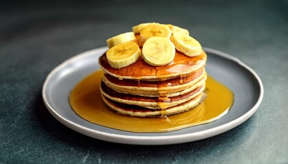 delicious pancakes artfully topped with banana slices and golden honey