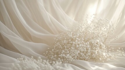 Fototapeta premium Floral Arrangement of Delicate White Flowers on Soft, Flowing Fabric Creates a Serene and Elegant Setting