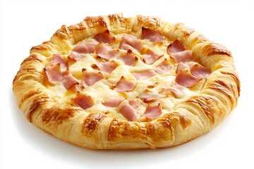 A tasty puff pastry with cheese and ham isolated on a white background