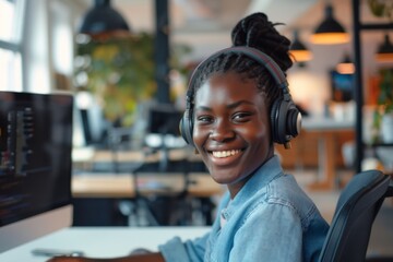 Fototapeta premium Portrait of a smiling young black female IT support worker in startup company office