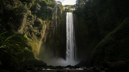 Majestic waterfall in lush forested canyon under sunlight