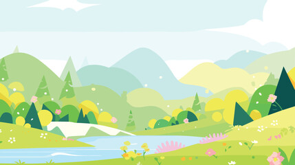 Cartoon landscape with green hills, river, and colorful flowers in spring