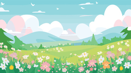 Tranquil summer landscape with blue sky, rolling hills, and wildflowers in bloom