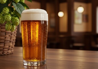 Refreshing lager in glass with foam head showcases brewing artistry, perfect for bar menu design, advertising a traditional pub and toasting st patrick day
