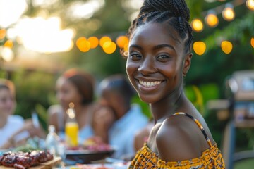 Portrait of a smiling young black woman attending a barbecue on a summer day