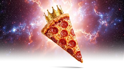 A whimsical concept of a royal pepperoni pizza slice floating in a digital galaxy standing out against a white backdrop