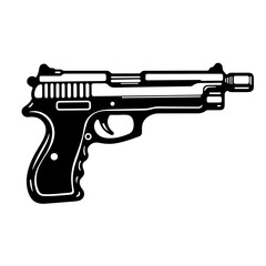 Naklejka premium Handgun icon in vintage engraving style as concept of weapon firearms danger protection self-defense war security or firearm policy symbols