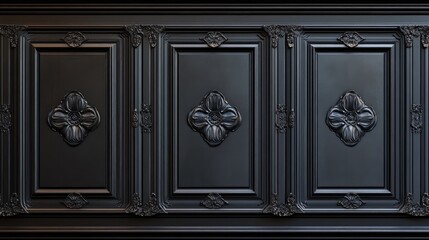 Ornate dark paneling featuring carved recesses and refined geometric structures, perfect for luxury interiors.