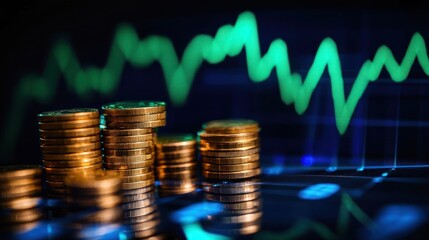 Financial growth, stacks of coins, stock market chart, digital display, possible use in investment or business presentations