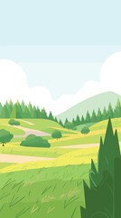 Obraz premium Scenic cartoon landscape with rolling hills and lush greenery under blue sky