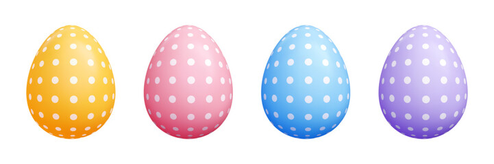 Polka dot 3D Easter eggs collection - pastel yellow, pink, blue, purple realistic egg shapes with white dots ornament. Colorful glossy spring holiday decoration elements for greeting card design.