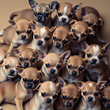 Tiernos perritos chihuahua juntos y amontonados miran a la c&aacute;mara llenando la foto con una textura canina adorable. 