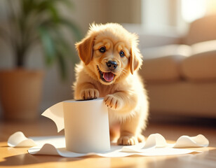 Tierno cachorro jugando travieso con papel sanitario en casa confortable en ambiente cálido. 
