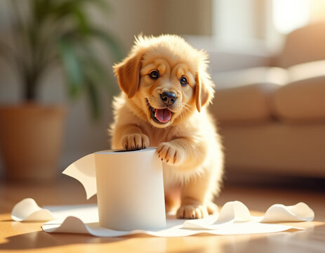 Tierno cachorro jugando travieso con papel sanitario en casa confortable en ambiente c&aacute;lido. 