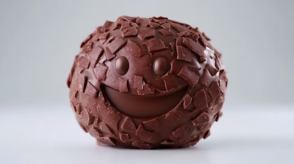 A chocolate topping artistically forming a playful smiley face, rich dark brown texture, hyper-realistic, isolated on solid white background.